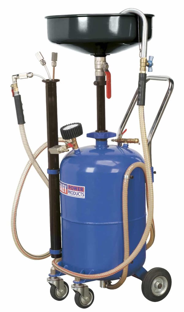 Mobile oil drainer with 35ltr capacity and air discharge, ideal for garage and motoring needs.