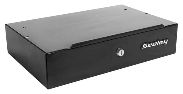Black side cabinet for long handle tools, ideal for organized storage.