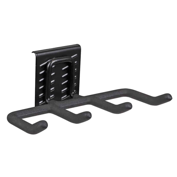 Heavy-duty black wall hook rack with three hooks for storage and organisation, suitable for various tools and accessories.