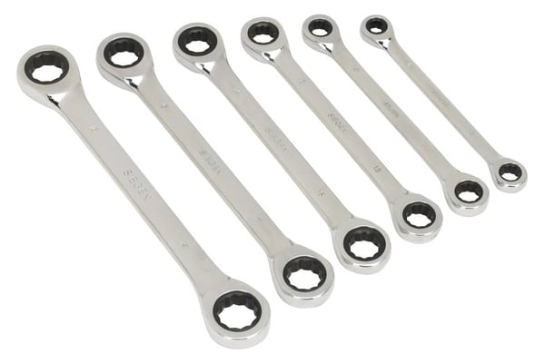 6-piece metric double end ratchet ring spanner set in chrome finish