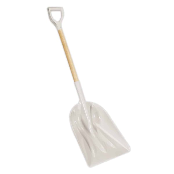 White plastic shovel featuring a sturdy wooden handle, designed for efficient digging and lifting tasks in various environments.