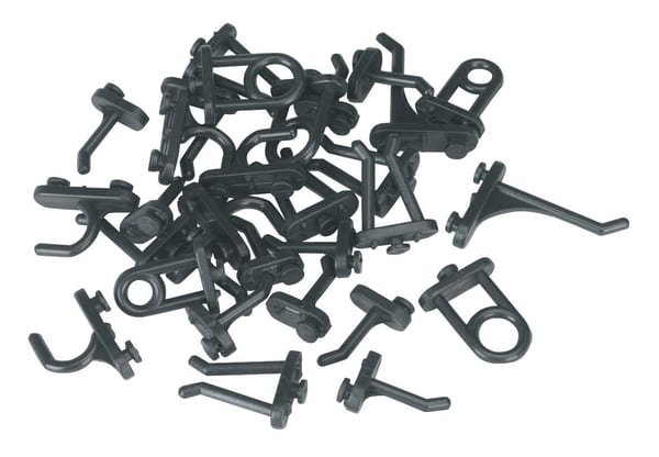 30-piece hook assortment for composite pegboard, ideal for tool storage and workshop organization.