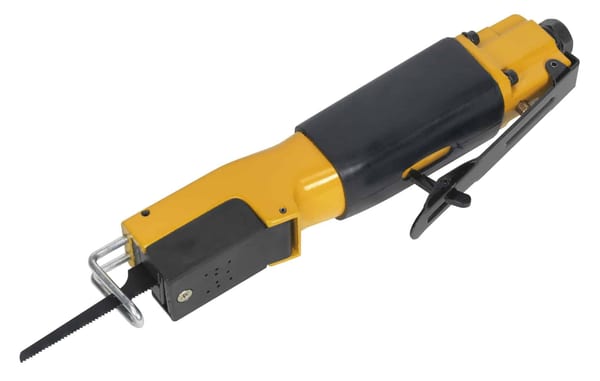 Cordless reciprocating saw with yellow and black design, featuring a blade for cutting various materials, ideal for DIY and construction tasks.