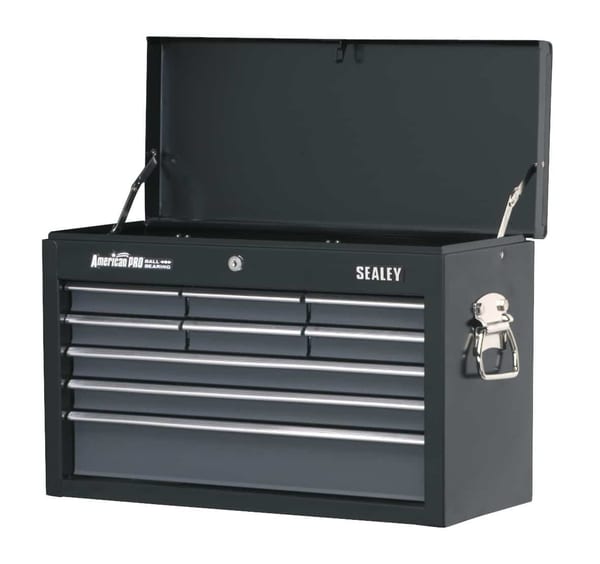 Topchest 9 Drawer Tool Chest with Ball Bearing Runners in Black/Grey for Efficient Storage.