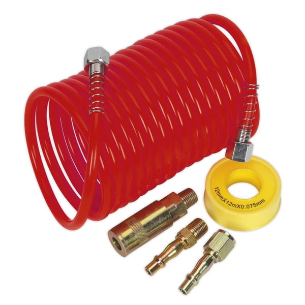 PE Coiled Air Hose Kit with Connectors 5m x 5mm