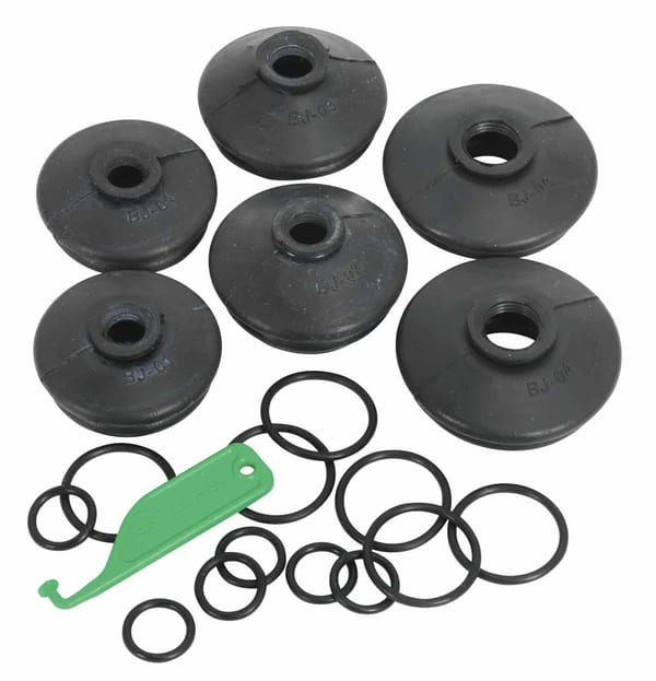 Set of ball joint dust covers and O-rings for car maintenance and repairs.