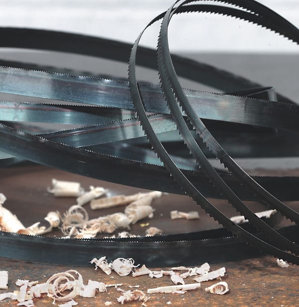 A collection of band saw blades with wood shavings on a work surface, showcasing metal craftsmanship and woodworking tools.