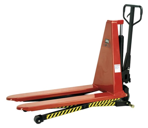 High lift pallet truck 1000kg capacity, 1170 x 540mm for efficient material handling.