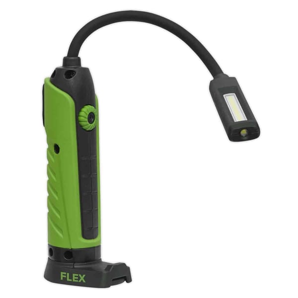 FLEX rechargeable LED work light with flexible neck and ergonomic grip, ideal for various lighting tasks in dark areas.