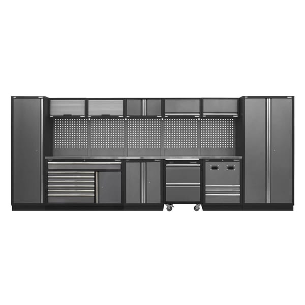 Modular garage storage system featuring cabinets, drawers, and pegboard for tools, designed for efficient organisation and workspace management.