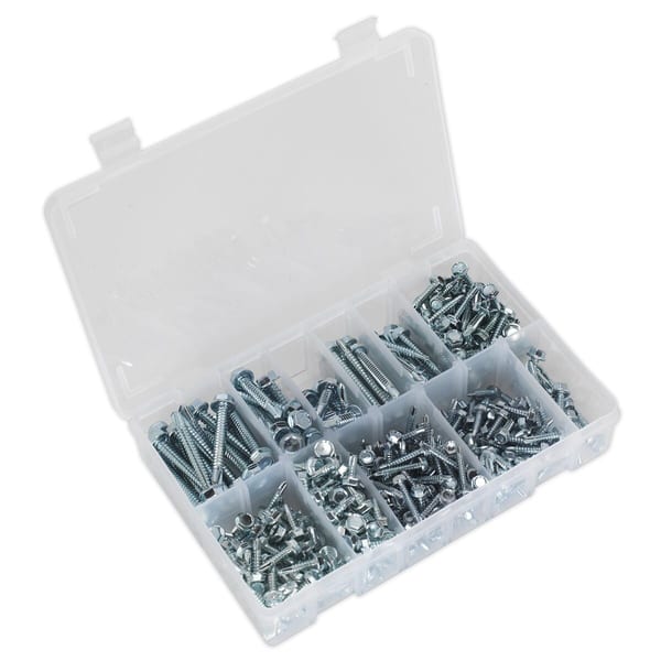 A clear storage box filled with assorted metal screws, including various sizes and types, organised in separate compartments.
