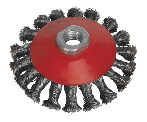 Conical wire brush Ø100mm M10 x 1.5mm for effective cleaning and surface preparation.