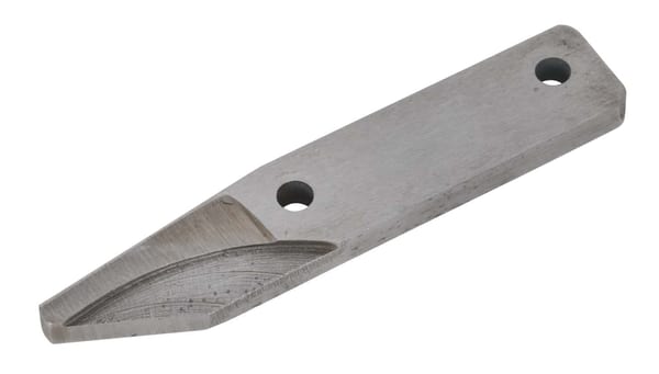 Metal cutting tool blade with a pointed edge and two holes for attachment, suitable for various applications.