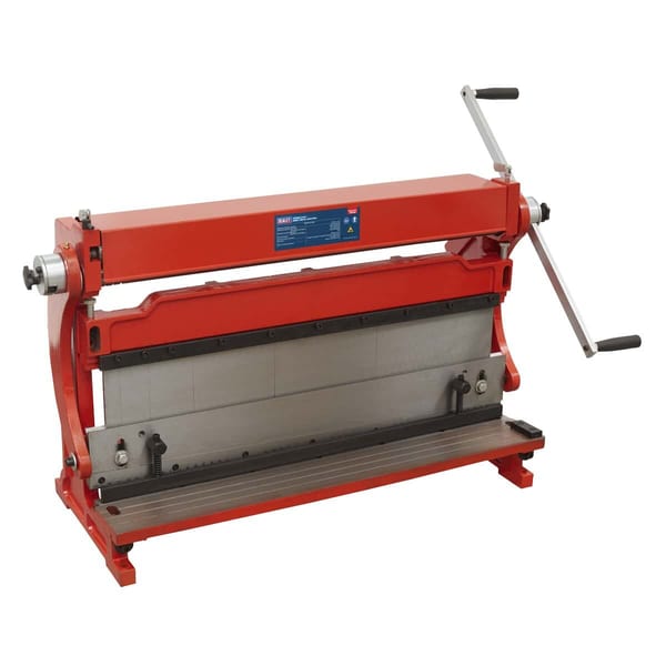 Manual sheet metal shear machine with red frame and adjustable cutting blade for precise metal cutting.