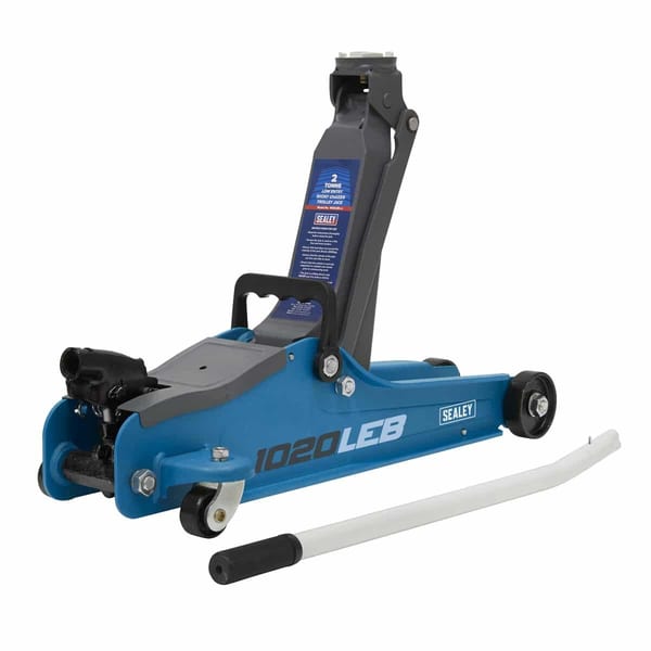 Sealey 1020LEB low profile hydraulic jack with a lifting capacity and included handle for easy operation.