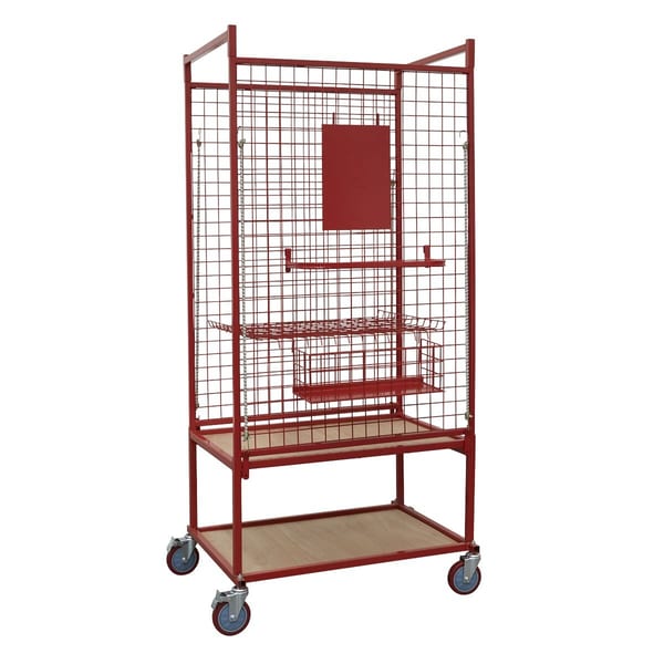 Red metal display stand with wheels, featuring multiple shelves and a wire mesh design for retail or storage use.