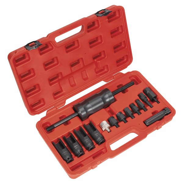 14-piece diesel injector puller set for vehicle engine service.