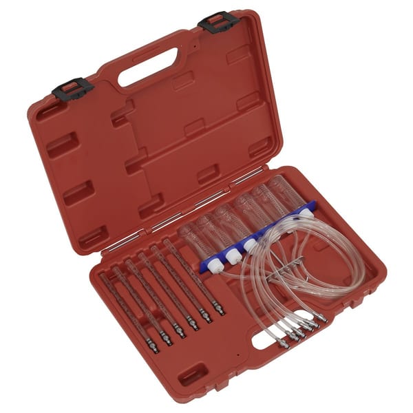 Fluid transfer kit with multiple tubes and containers in a red case, ideal for various applications.