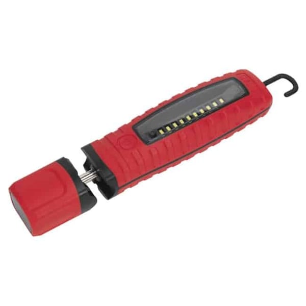 Cordless rechargeable red LED inspection lamp with 360° rotation and lithium-ion battery.