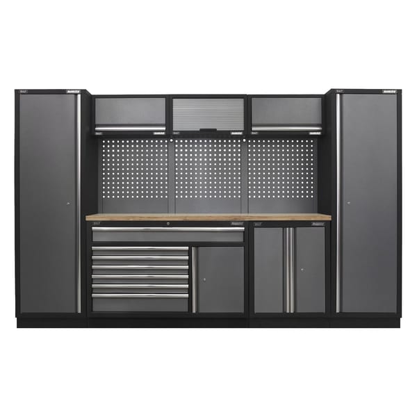 Black and grey tool storage cabinet with multiple compartments, drawers, and a wooden work surface, ideal for organising tools and equipment.