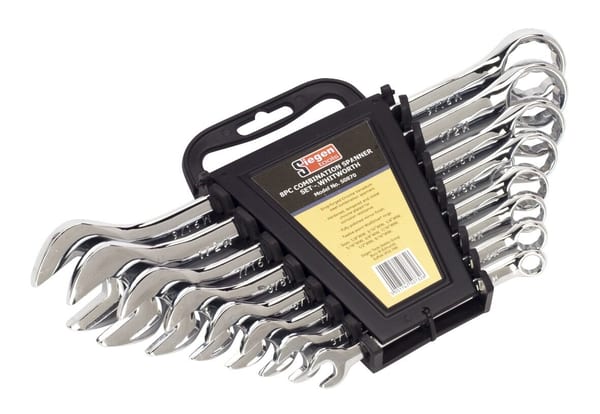 8-piece Whitworth combination spanner set by Siegen in a display stand.