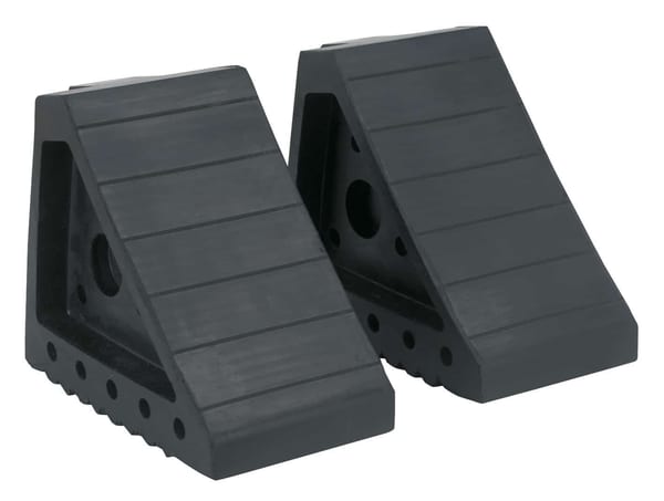 Set of two rubber wheel chocks designed for vehicle stability and safety during maintenance or parking.