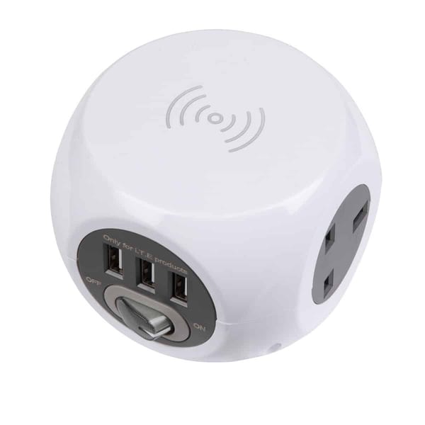 Compact multi-USB power adapter with two USB ports and a UK plug socket, designed for charging multiple devices simultaneously.