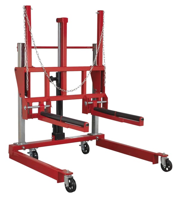 Heavy-duty engine hoist featuring adjustable arms and wheels for mobility, ideal for automotive repairs and engine installations.