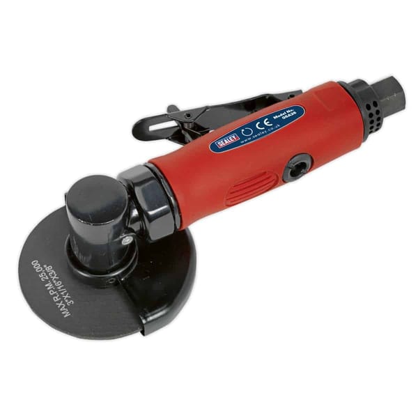 Red angle grinder featuring a side handle and adjustable speed control, ideal for cutting and grinding tasks.
