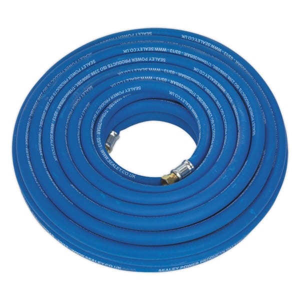 20m heavy-duty air hose, 10mm diameter with 1/4" BSP unions, perfect for compressors and workshops.