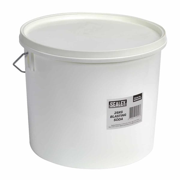 Sealey 25kg blasting soda in a white plastic bucket, suitable for various cleaning and blasting applications.
