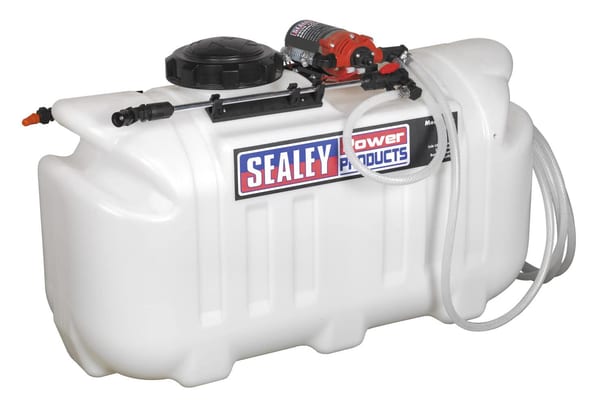 Sealey Power Products 100-litre sprayer tank with pump and hoses for liquid application, suitable for various tasks.