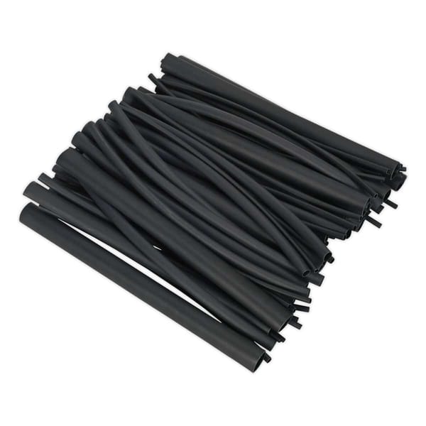 A collection of black heat shrink tubing, ideal for electrical insulation and protection, featuring various lengths and diameters.