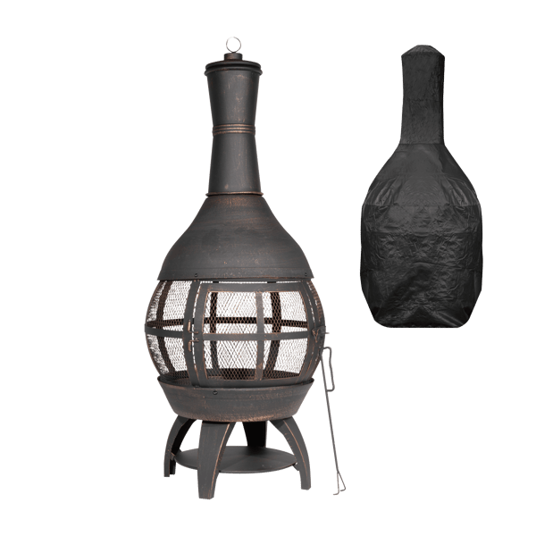 Deluxe 360 deg Chiminea/Fire Pit/Outdoor Heater with Fire Poker & Water-Resistant Drawstring Cover - Antique Bronze Finish - DG241