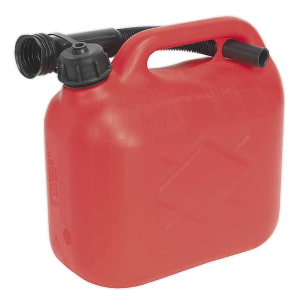 5-liter red fuel can with spout for easy pouring, ideal for garage and motoring needs.