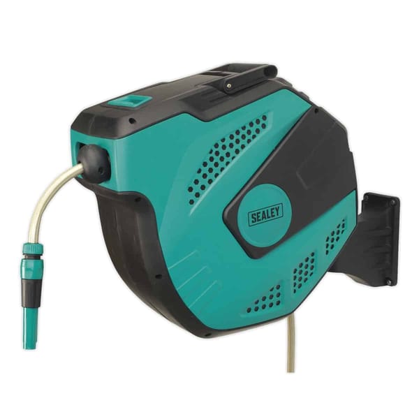 Sealey wall-mounted hose reel with retractable hose and nozzle for garden use, featuring a durable design and easy installation.