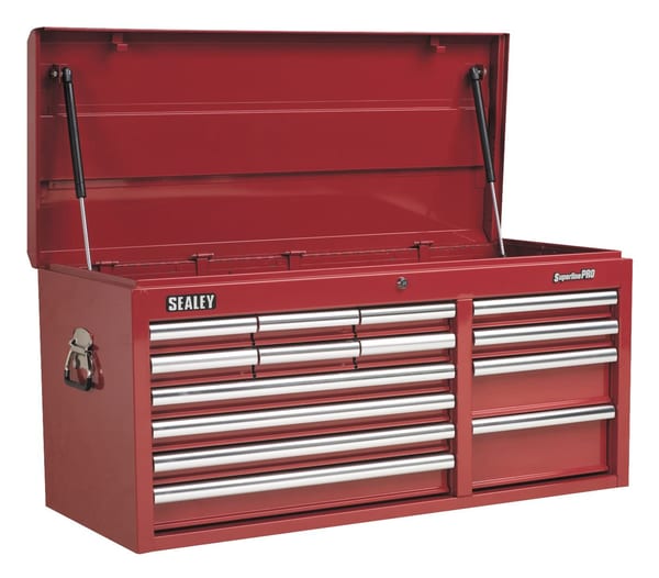 Heavy-duty red tool chest with 14 drawers and ball bearing runners for smooth operation