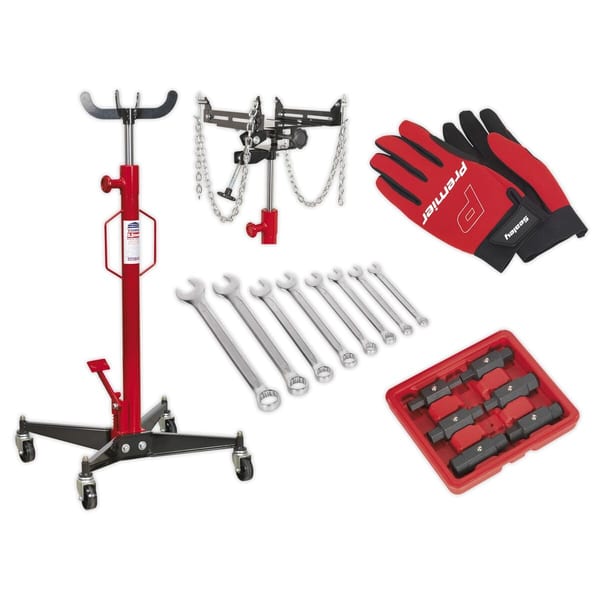 0.5 tonne vertical transmission jack with tools and gloves for garage use