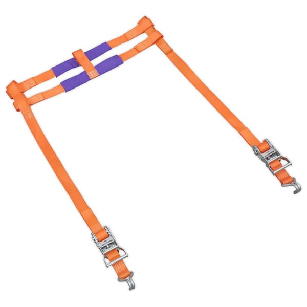 Adjustable orange and purple cargo strap with metal hooks for securing loads, ideal for transporting goods safely.