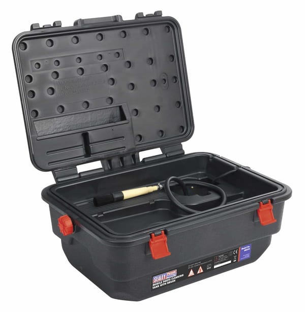 Sealey portable battery charger case with internal components and tools, designed for efficient battery maintenance and storage.