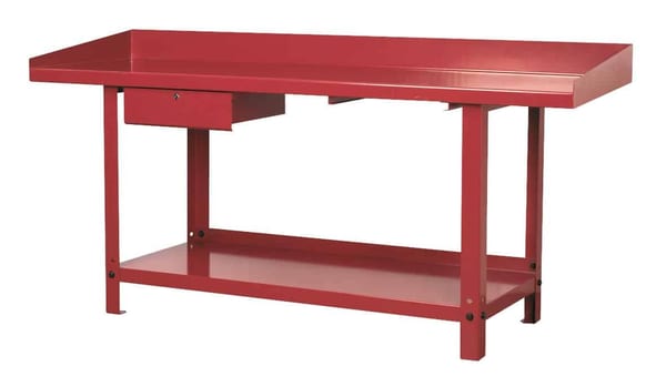 Durable 2m steel workbench with one drawer, ideal for workshop storage and organization