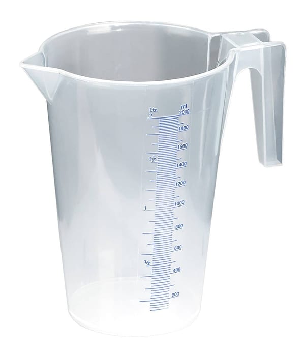 Translucent 2L measuring jug for accurate liquid measuring in garage and motoring tasks.