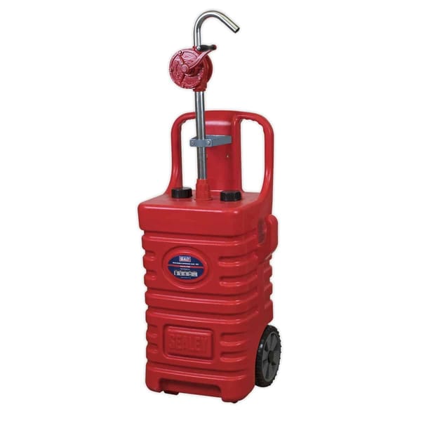 Red fuel pump dispenser with a manual handle and wheels for easy mobility, suitable for various fuel types.