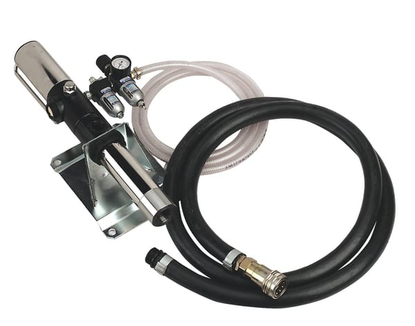 Air powered Pump-Away Station with hose and accessories for efficient oil draining.