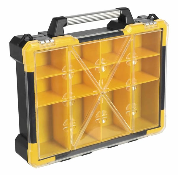 Parts Storage Case with 12 removable compartments for organized tool storage.