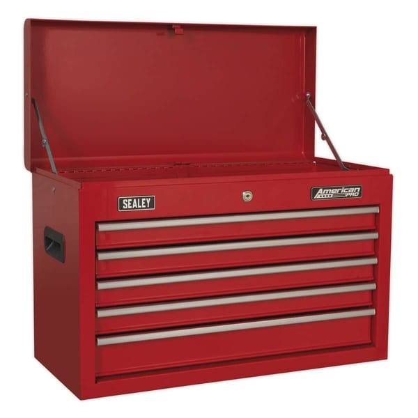 Sealey red tool chest featuring multiple drawers and a secure lid, ideal for storing tools and equipment in a workshop or garage.