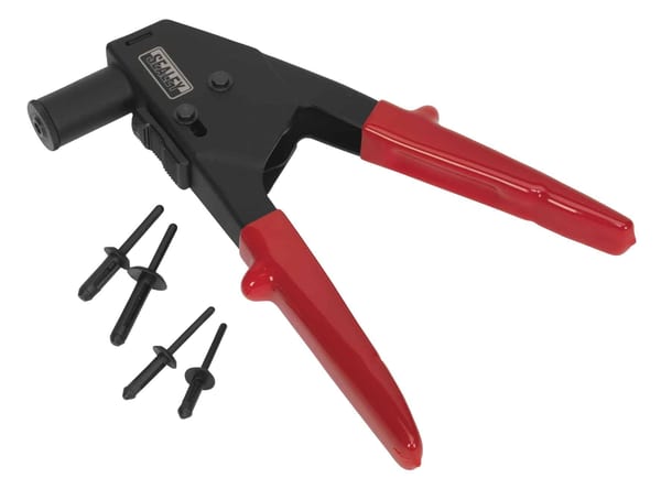 Plastic riveting kit with tool and rivets for automotive bodywork repairs.