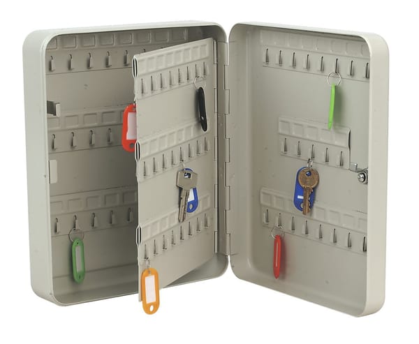 Metal key storage cabinet featuring multiple hooks and key tags in various colours for organised key management.