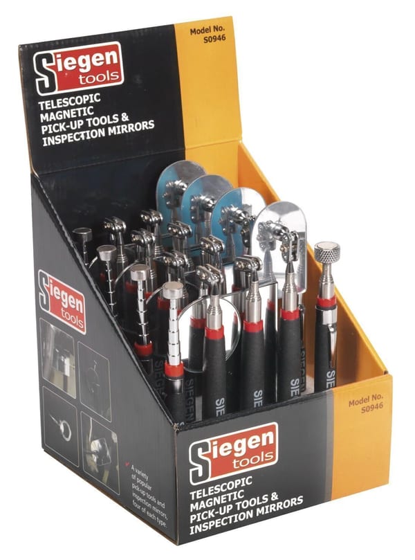 Display box of 20 Siegen telescopic magnetic pick-up tools and inspection mirrors