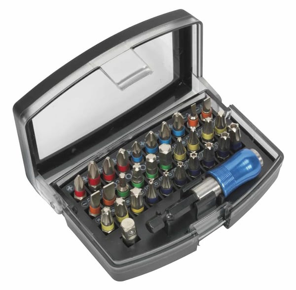 32pc Colour-Coded Power Tool Bit Set in durable storage case, ideal for various hand tool applications.